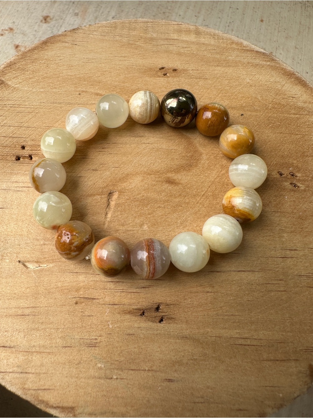 Handcrafted Beaded Bracelet in Cream and Brown with Gold Accent